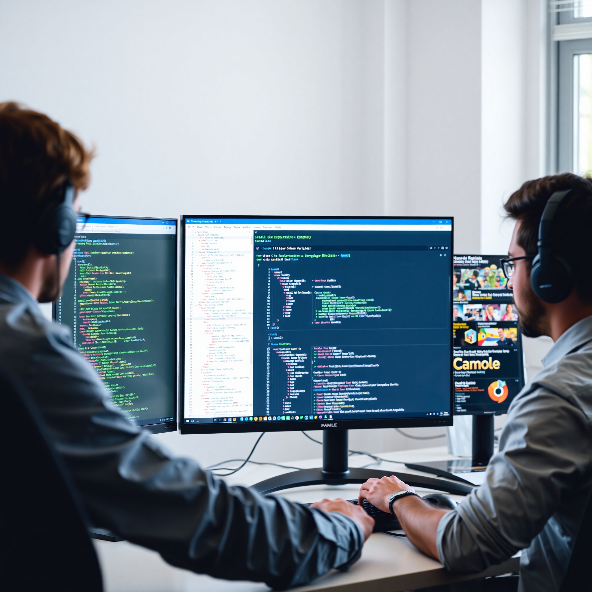 Desarrollador trabajando con código CSS y paleta de colores en monitor, interfaz de desarrollo moderno con variables de color